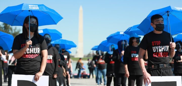 a group of people holding blue umbrellas in front of the washington monument