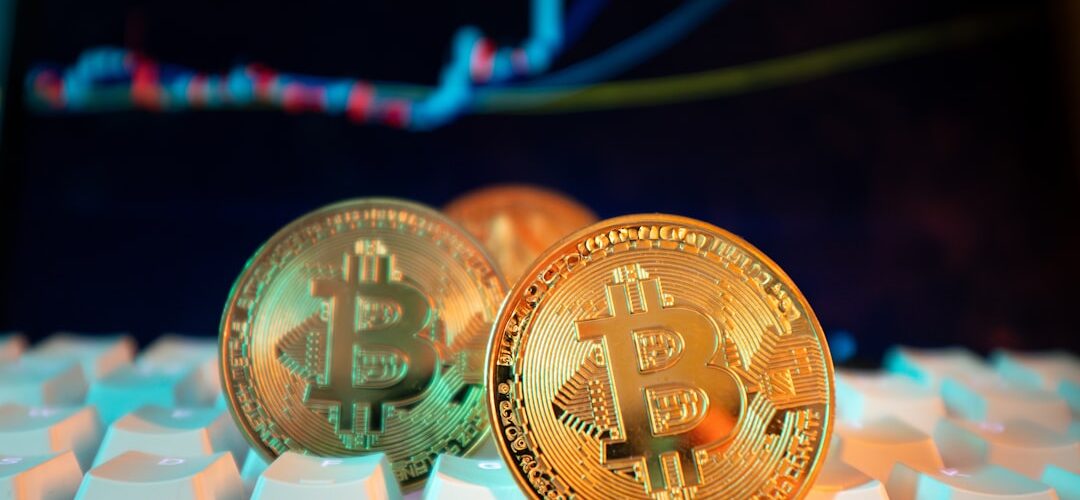 Bitcoin coins are displayed with a stock chart.